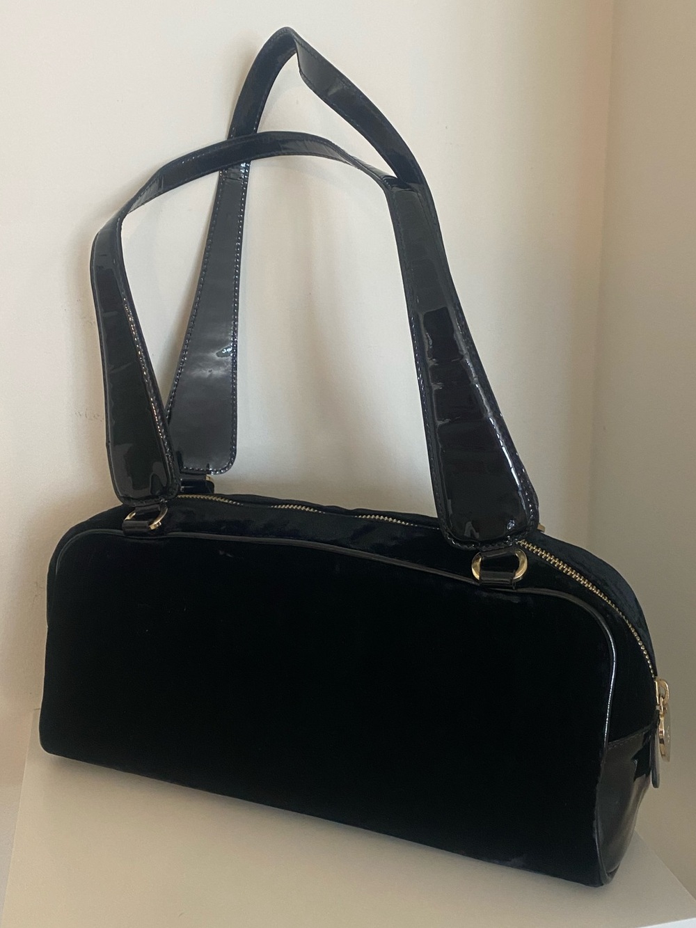 Moschino Black Velvet Shoulder Bag with Patent Straps and Stamped Apple Pattern